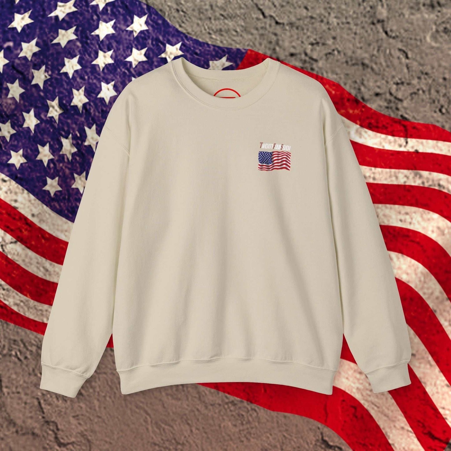 Cream US Flag sweatshirt with hand-drawn American flag design, cozy patriotic apparel for sports and celebrations