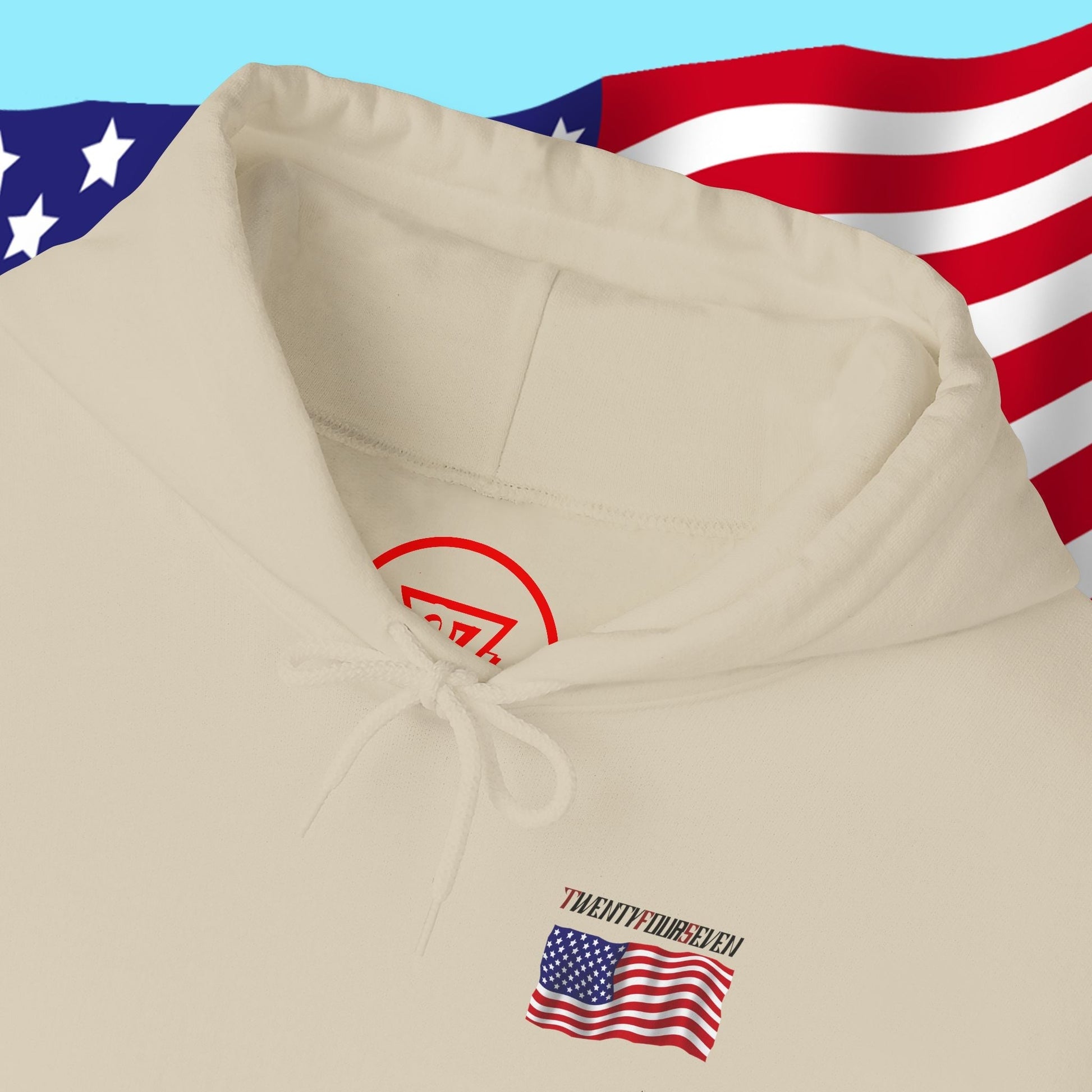 Cream american flag hoodie with adjustable drawstring hood and small US flag logo on chest