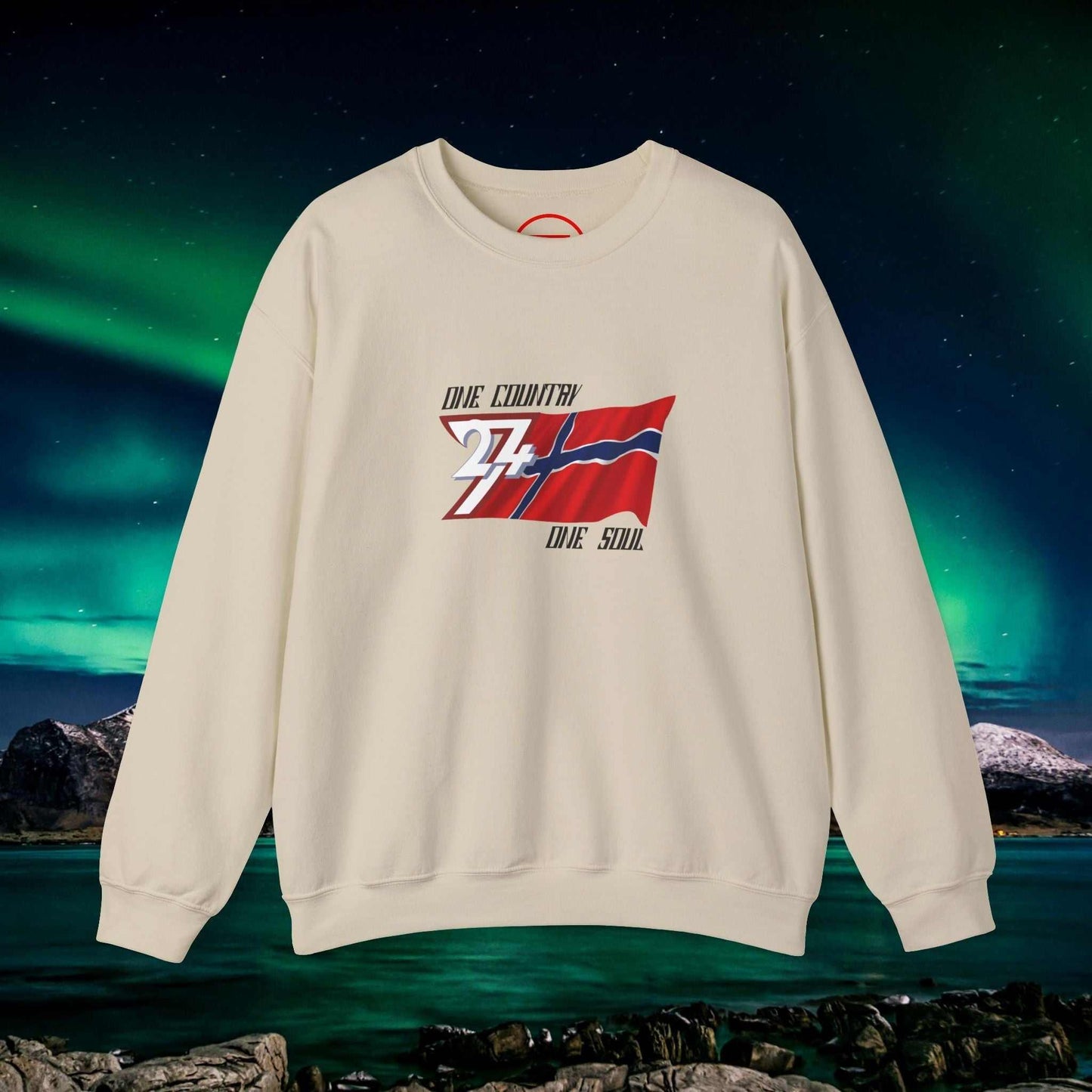 Cream crewneck sweatshirt with hand-drawn Norway flag and "One Country One Soul" text, cozy and stylish Nordic design