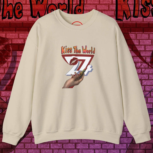 Cream sweatshirt for women with artistic lipstick design and "Kiss The World 24/7" text, stylish and bold fashion statement