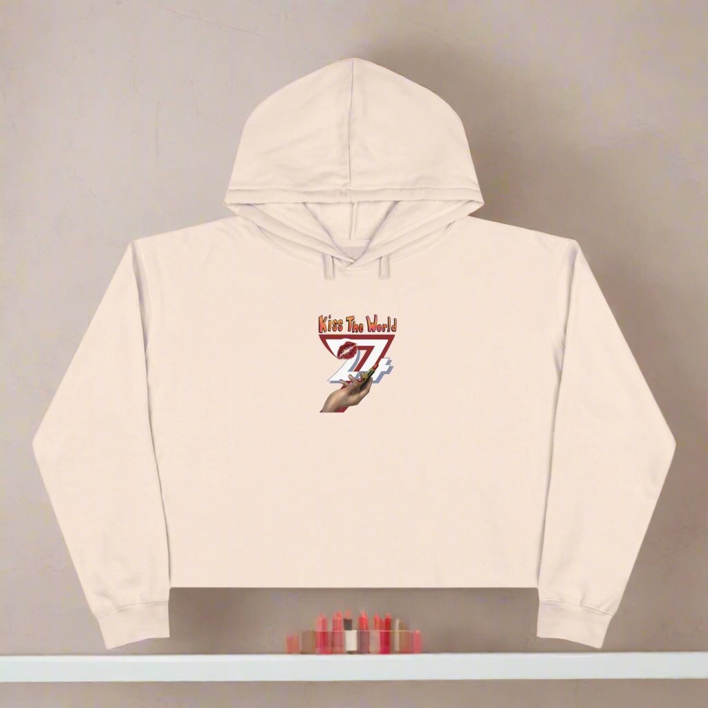 Crop Hoodie crop top women hoodie with lipstick on hoodie printed top pale pink front