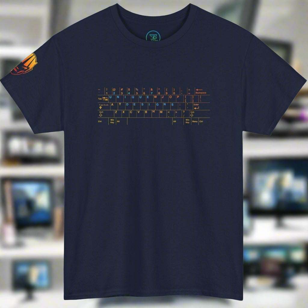 Custom T-shirt with keyboard illustration for IT professionals in navy blue by 24/7 Unique Designs