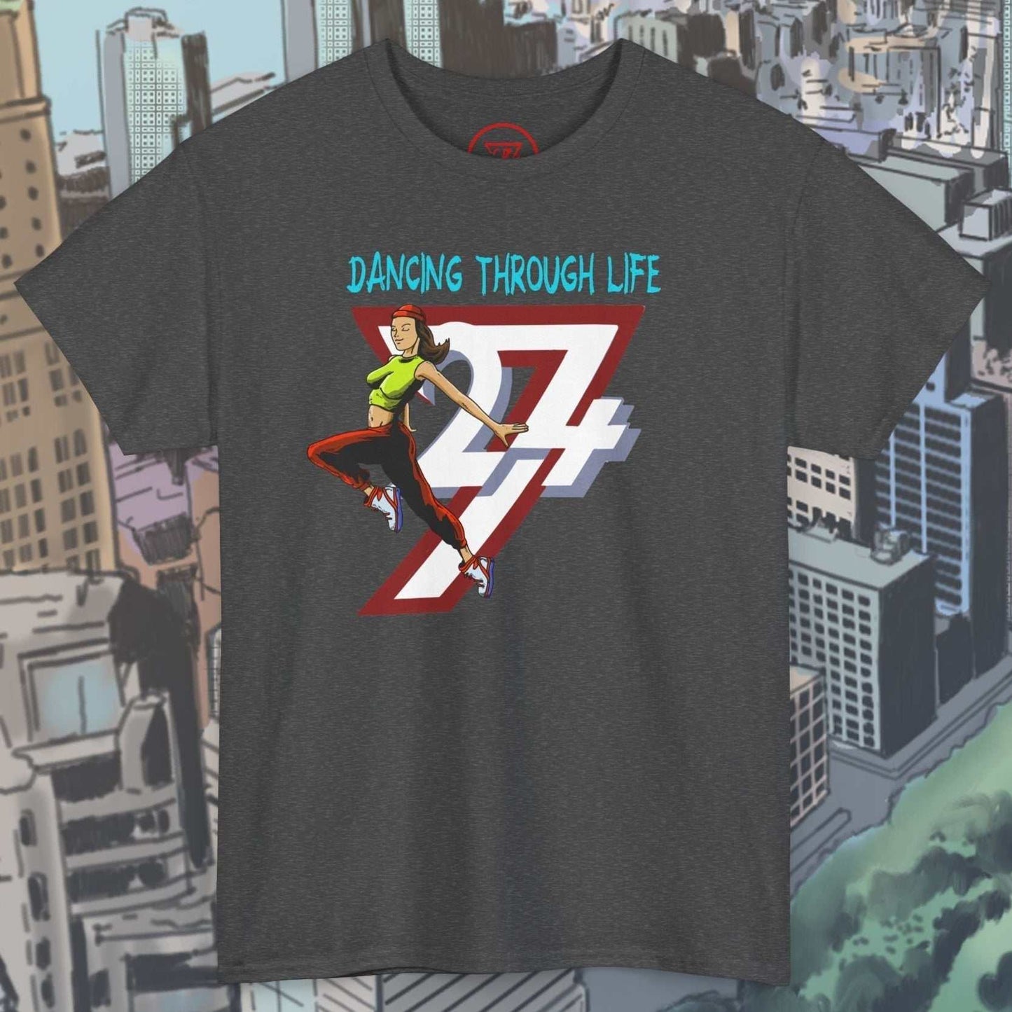 Dancing Girl Tee with hand-drawn urban dancer graphic on charcoal gray cotton streetwear t-shirt