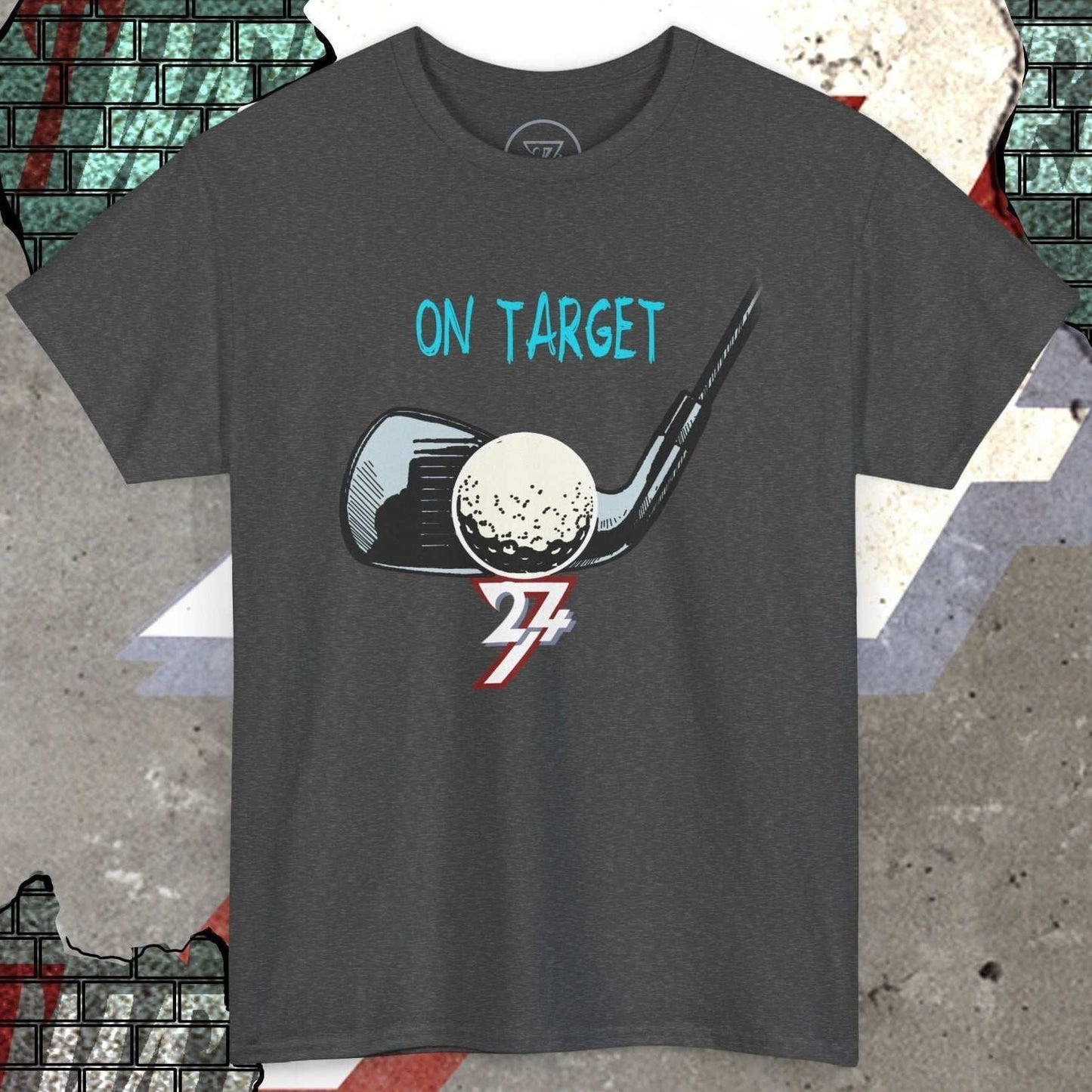 Dark gray Golf Tee Illustrated T-Shirt with hand-drawn golf club, golf ball, and "On Target" text design