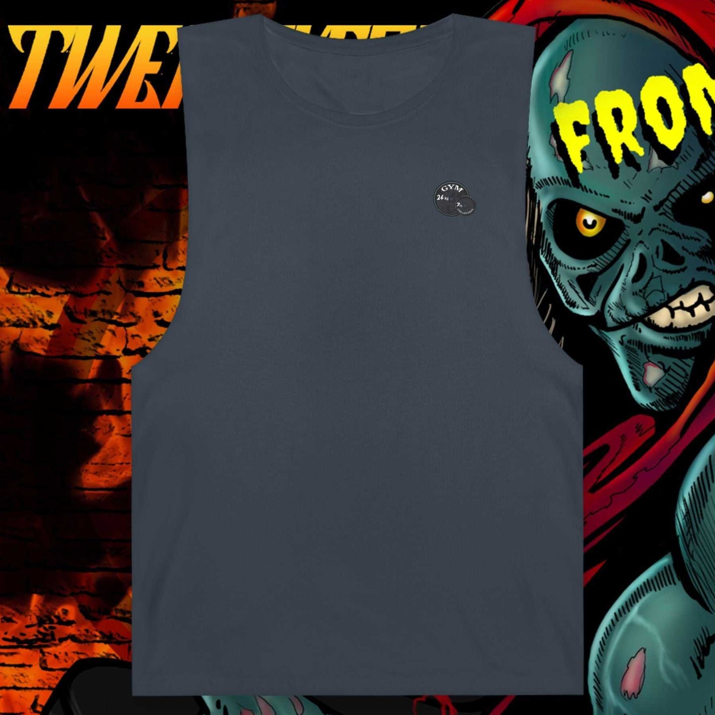 Dark gray sleeveless gym tank with small horror comic graphic and raw cut-off sleeves, breathable fabric for workouts