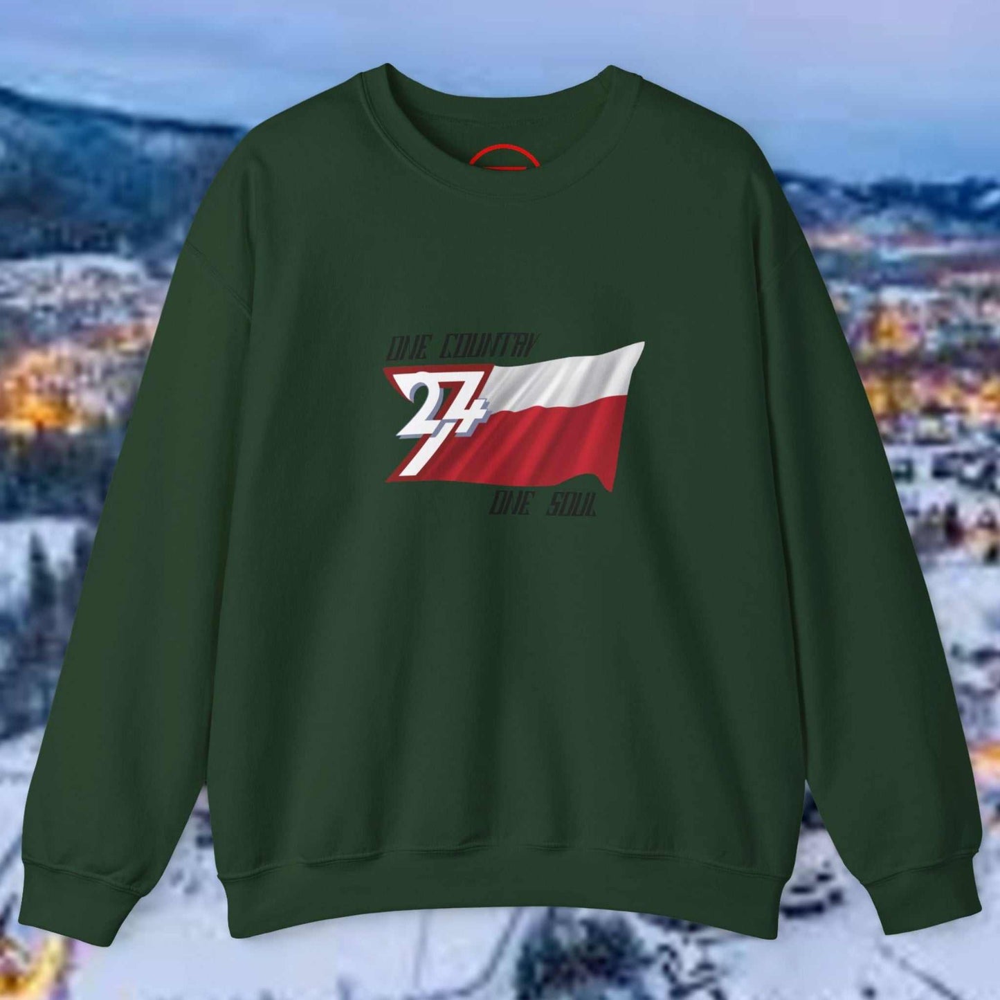 Dark green Poland jumper sweatshirt with hand-drawn Polish flag and "One Country One Soul" text design on the chest