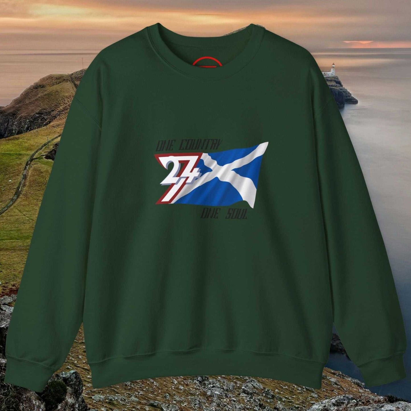 Dark green Scotland Saltire crewneck sweatshirt with hand-drawn St. Andrew’s Cross flag design on chest