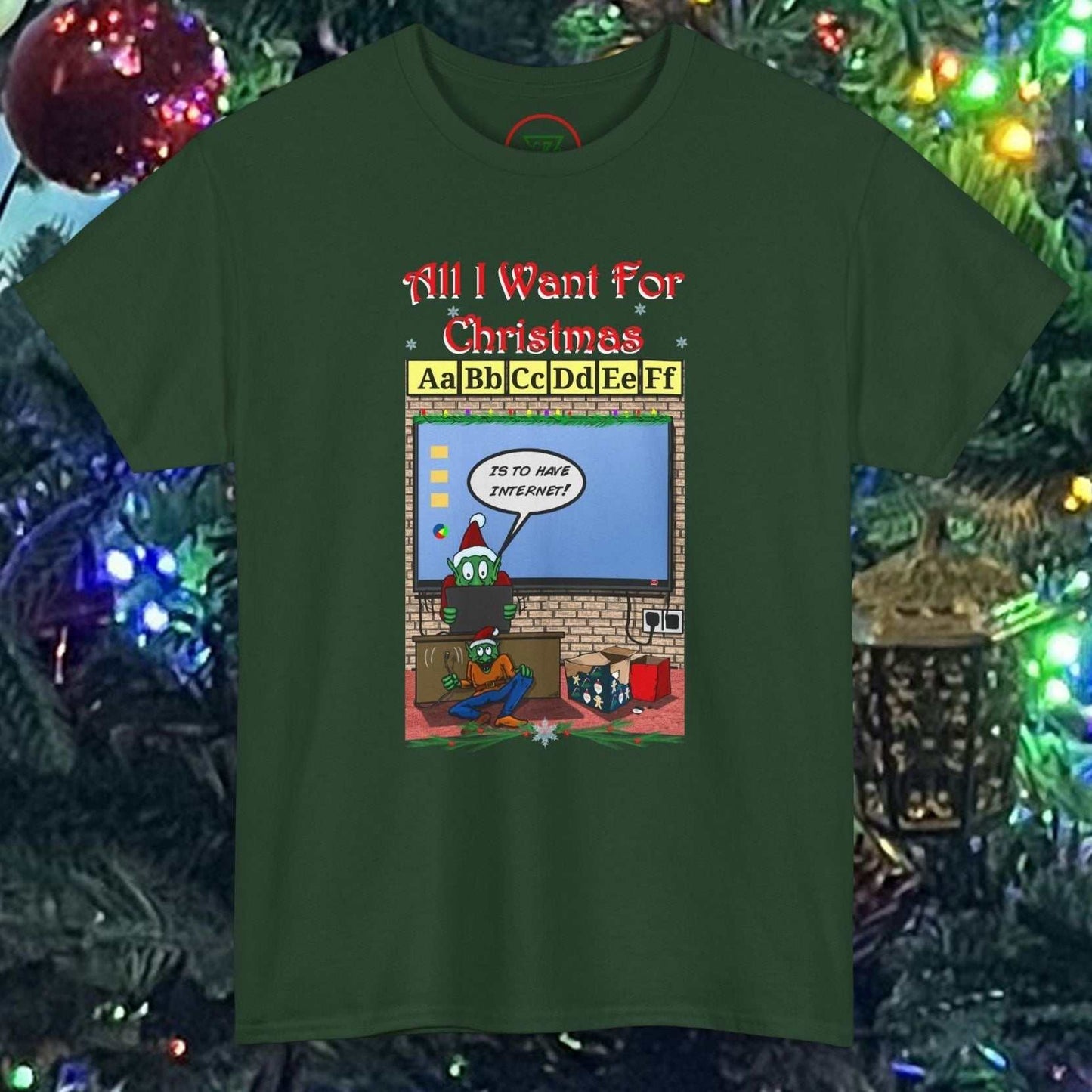 Dark green funny Teacher Elf T-shirt with cartoon Christmas classroom design and festive "All I Want For Christmas" text.