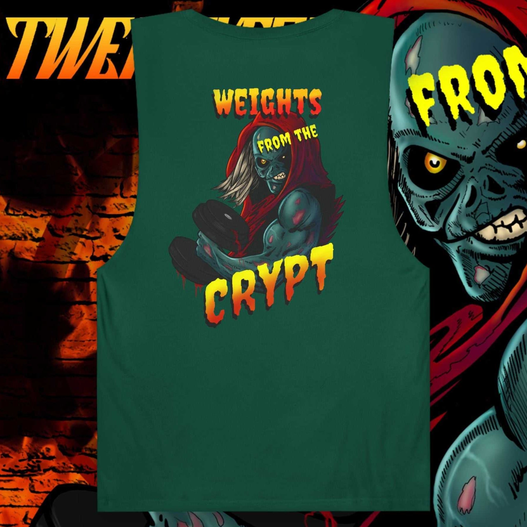 Dark green horror comic gym tank top with "Weights From the Crypt" text and zombie lifting weights graphic