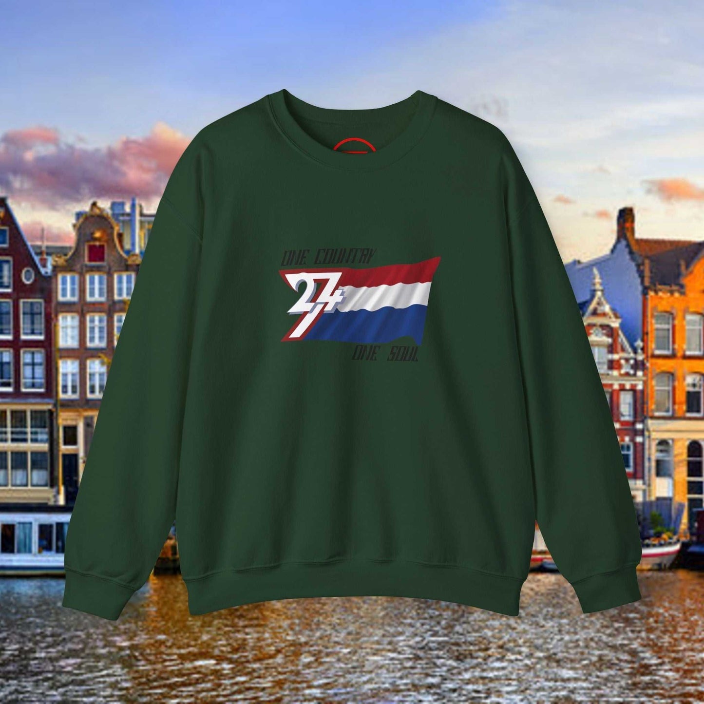 Dark green sweatshirt with hand-drawn Netherlands flag and "24/7" design on front, classic crewneck style, wearable pride apparel