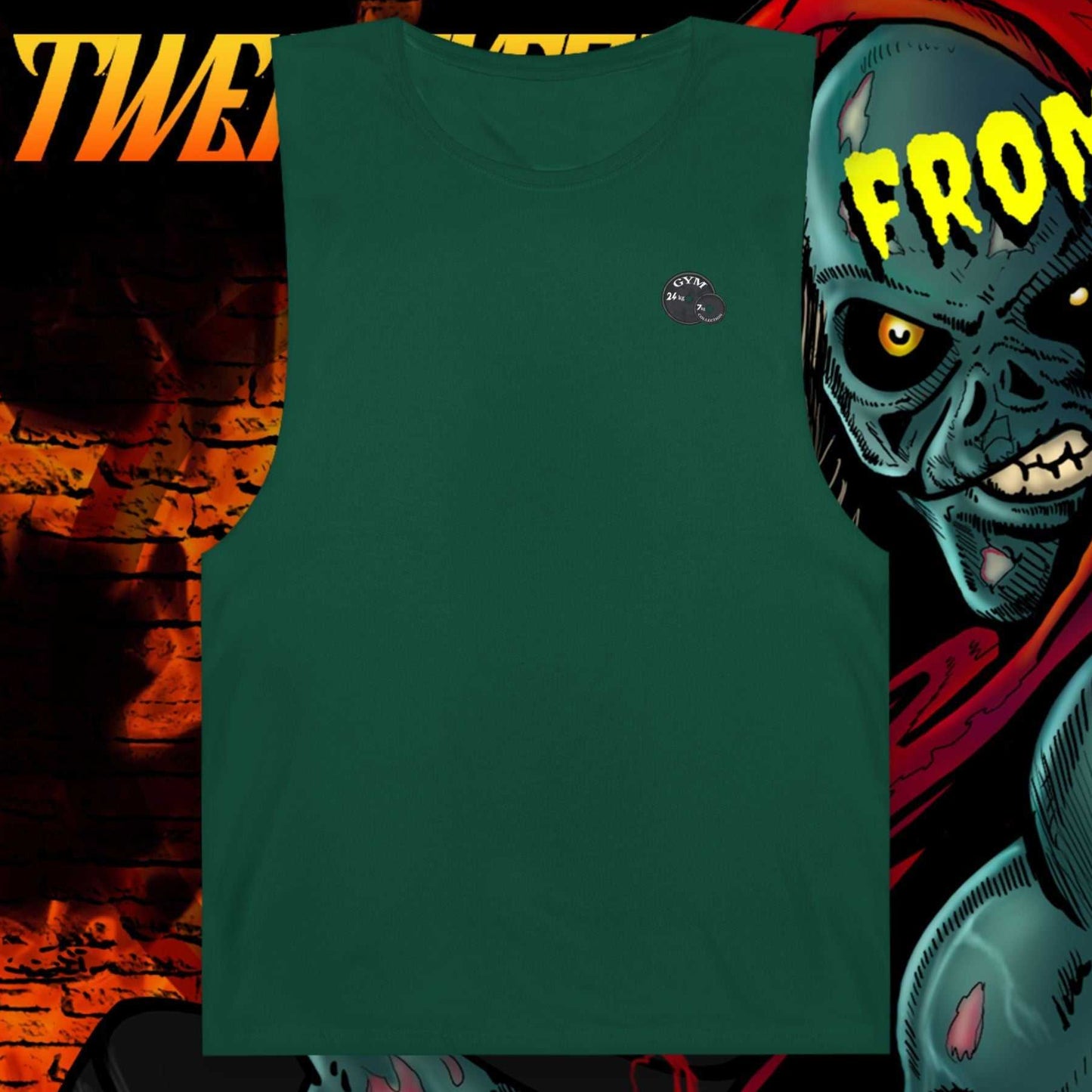 Dark green tank top with small horror comic graphic, sleeveless gym shirt with raw cut edges, breathable fabric for workouts, horror comic gym tank design.