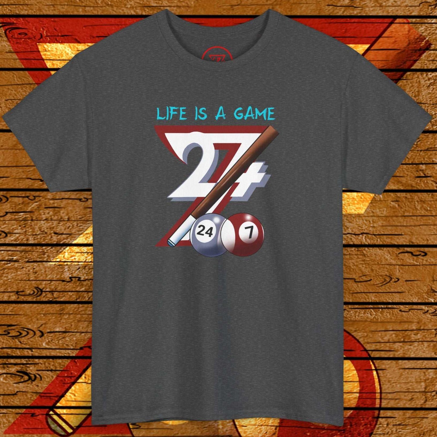 Dark grey billiards tee with hand-drawn pool game design and "Life is a Game" text.