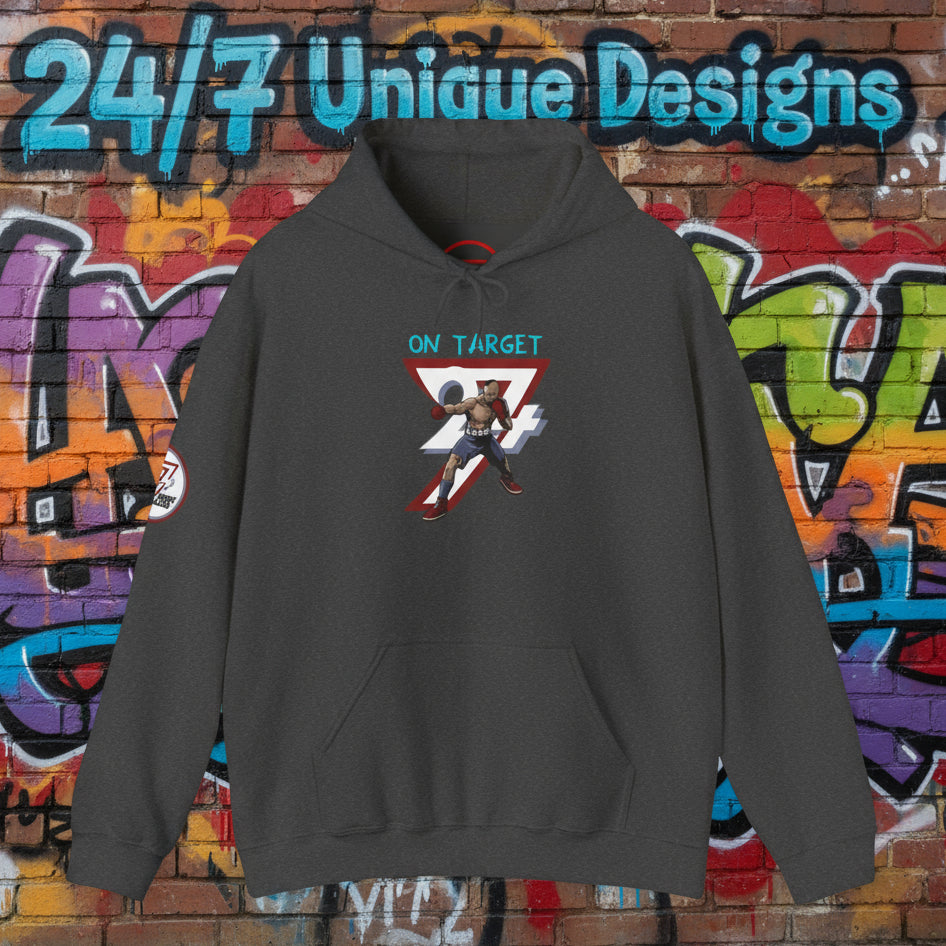 Drak heather boxing hoodie with hand-drawn boxer design and kangaroo pocket for sports training and casual wear