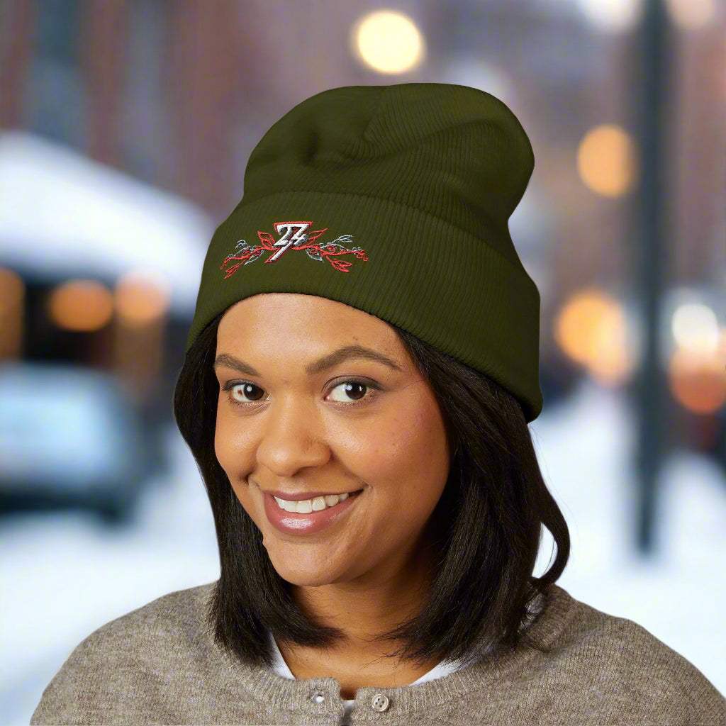 Embroidered beanie olive front by 24/7 Unique Designs