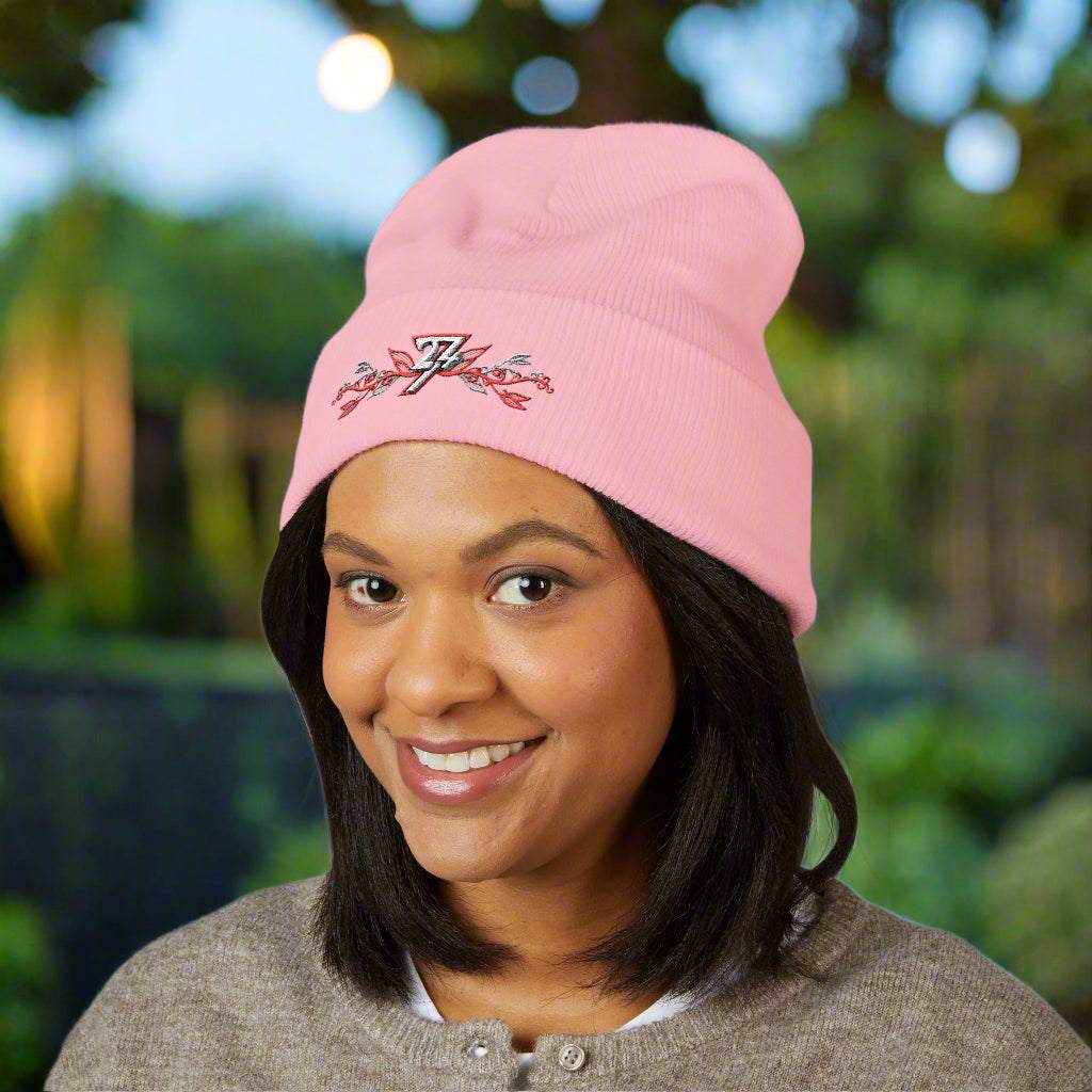 Embroidered beanie pink front by 24/7 Unique Designs