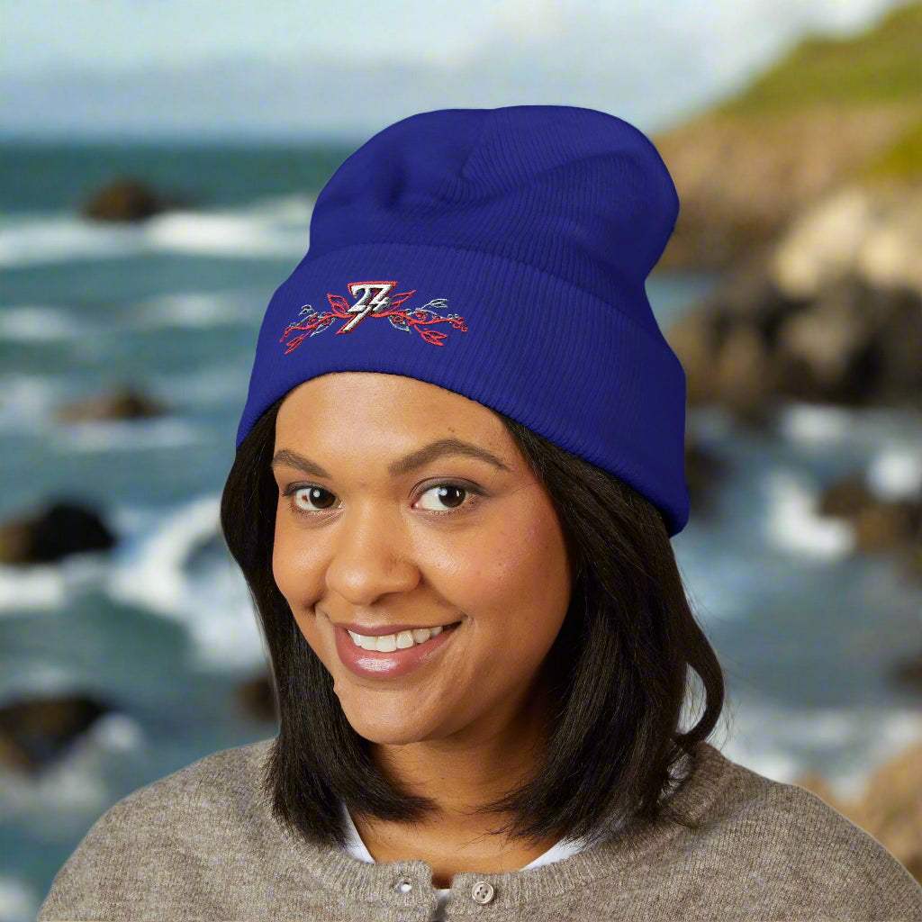 Embroidered beanie royal front by 24/7 Unique Designs