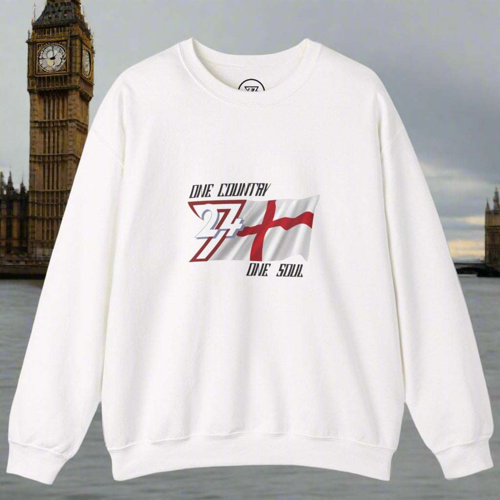 White England sweatshirt with unique England flag design and slogan One Country One Soul, cozy cotton-polyester blend for patriotic wear
