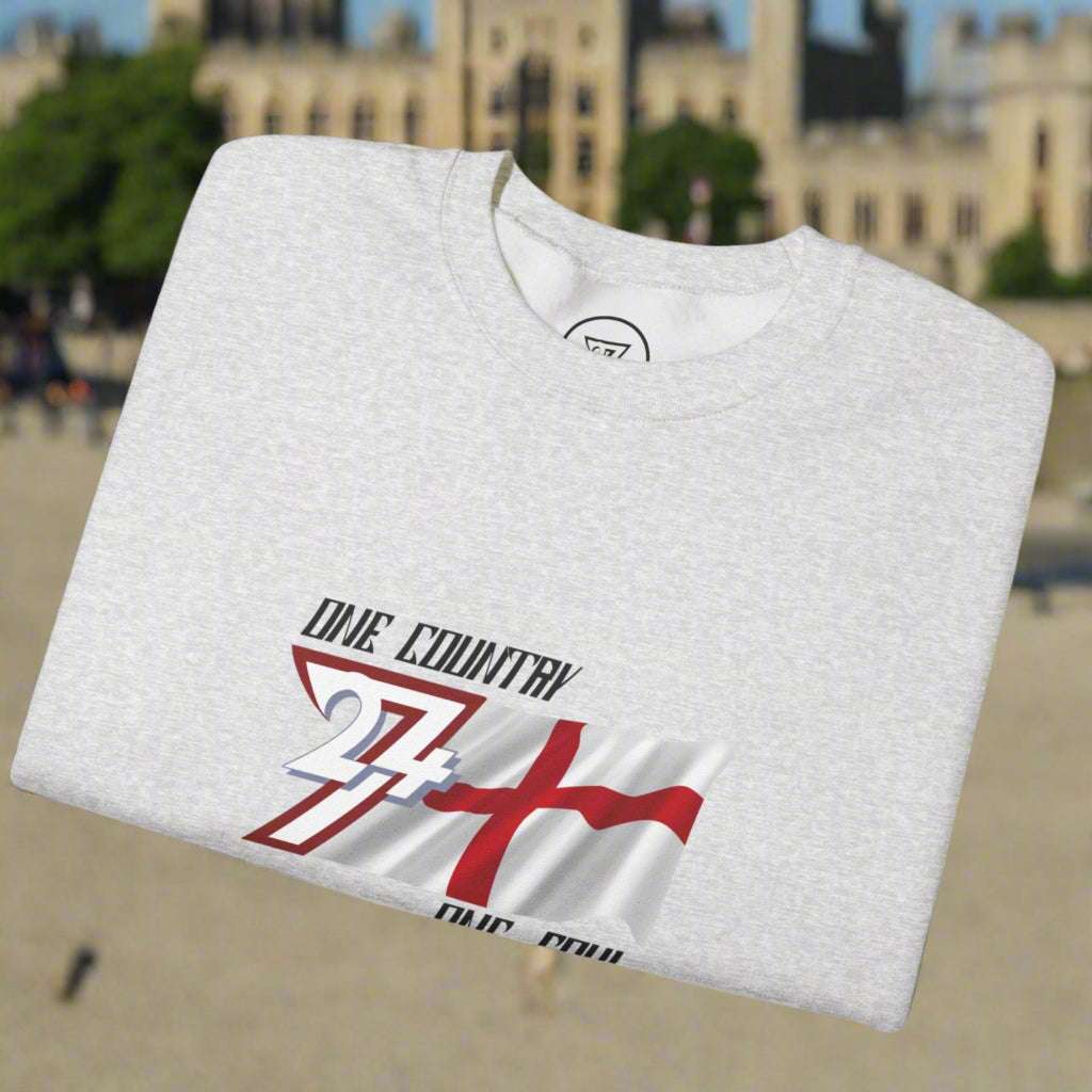 Folded gray England sweatshirt with One Country One Soul slogan and England flag design
