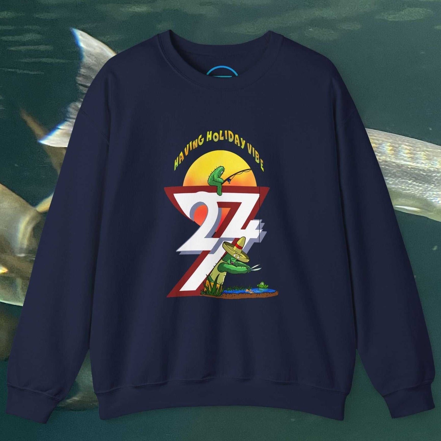 Fishing cactus sweatshirt with cartoon design, navy blue crewneck for outdoor fishing and nature lovers