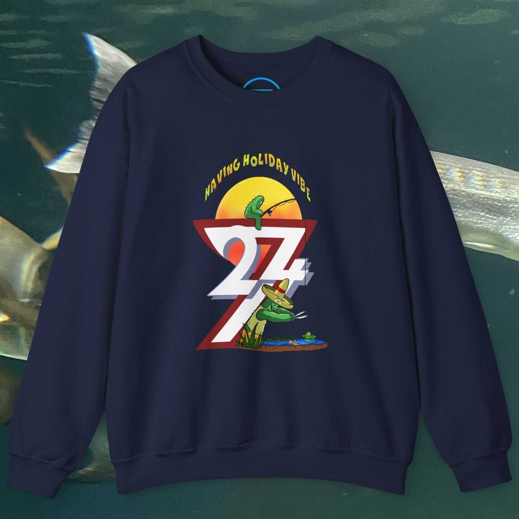 Fishing cactus sweatshirt with cartoon design, navy blue crewneck for outdoor fishing and nature lovers