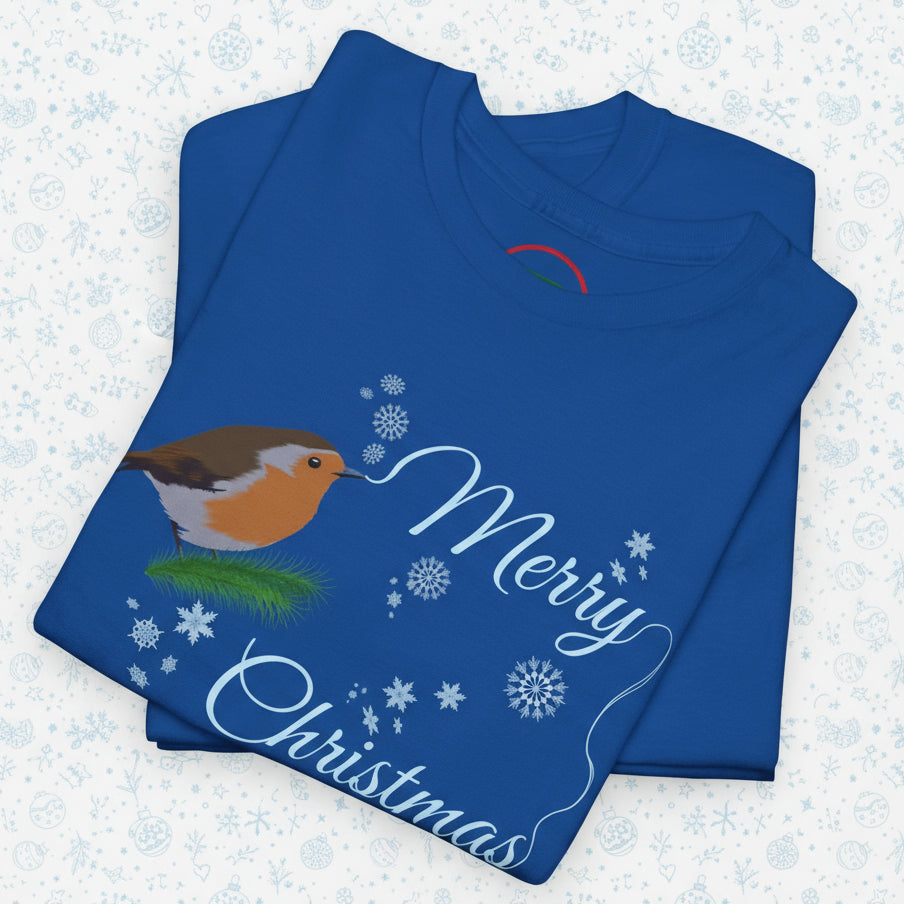 Folded blue Christmas tee with hand-drawn robin and snowflake design and "Merry Christmas" text
