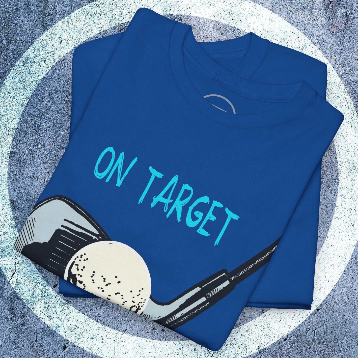 Folded blue Golf Tee Illustrated T-Shirt with hand-drawn golf club and ball graphic and "ON TARGET" text