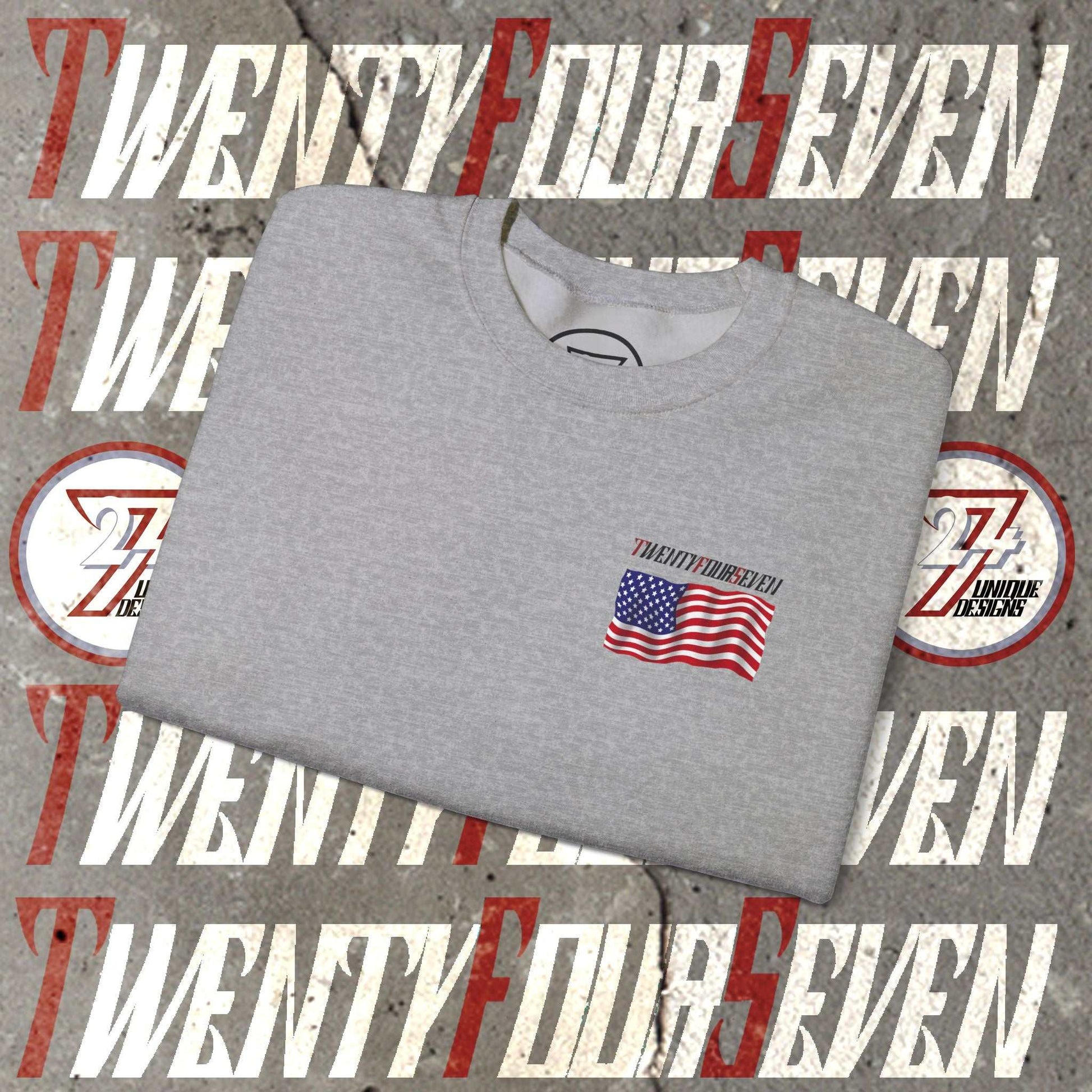 Folded gray American Flag unisex sweatshirt with patriotic hand-drawn logo design
