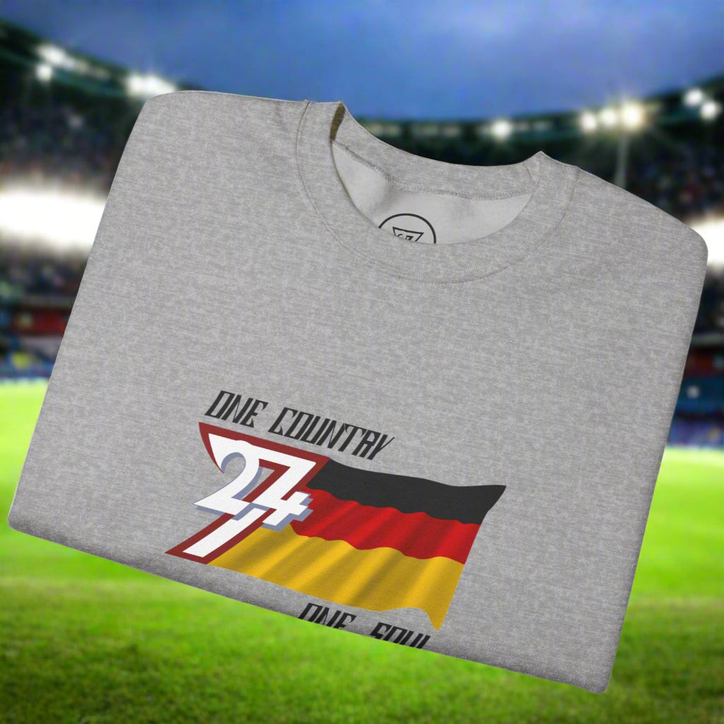 Folded gray sweatshirt with unique Germany flag design and text