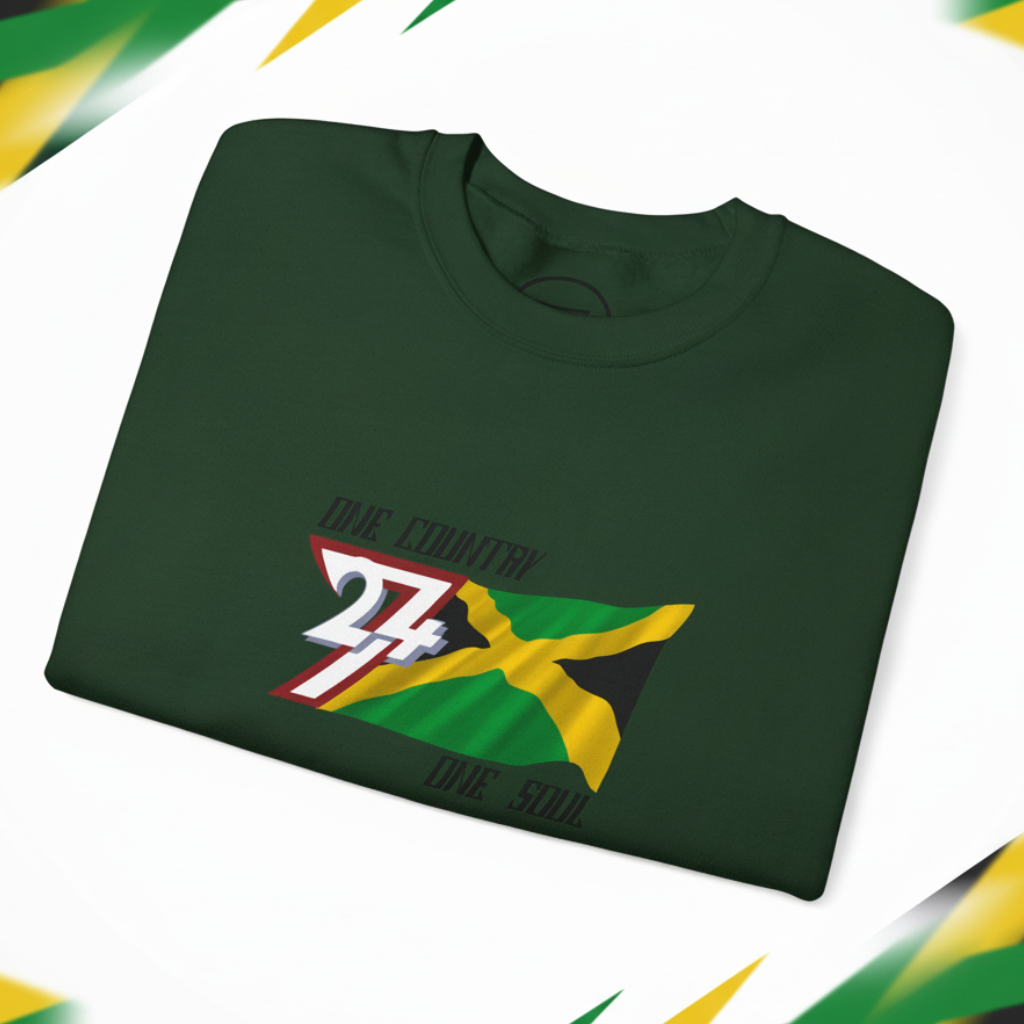 Folded green crewneck sweatshirt with hand-drawn Jamaica flag and "One Country One Soul" text on chest