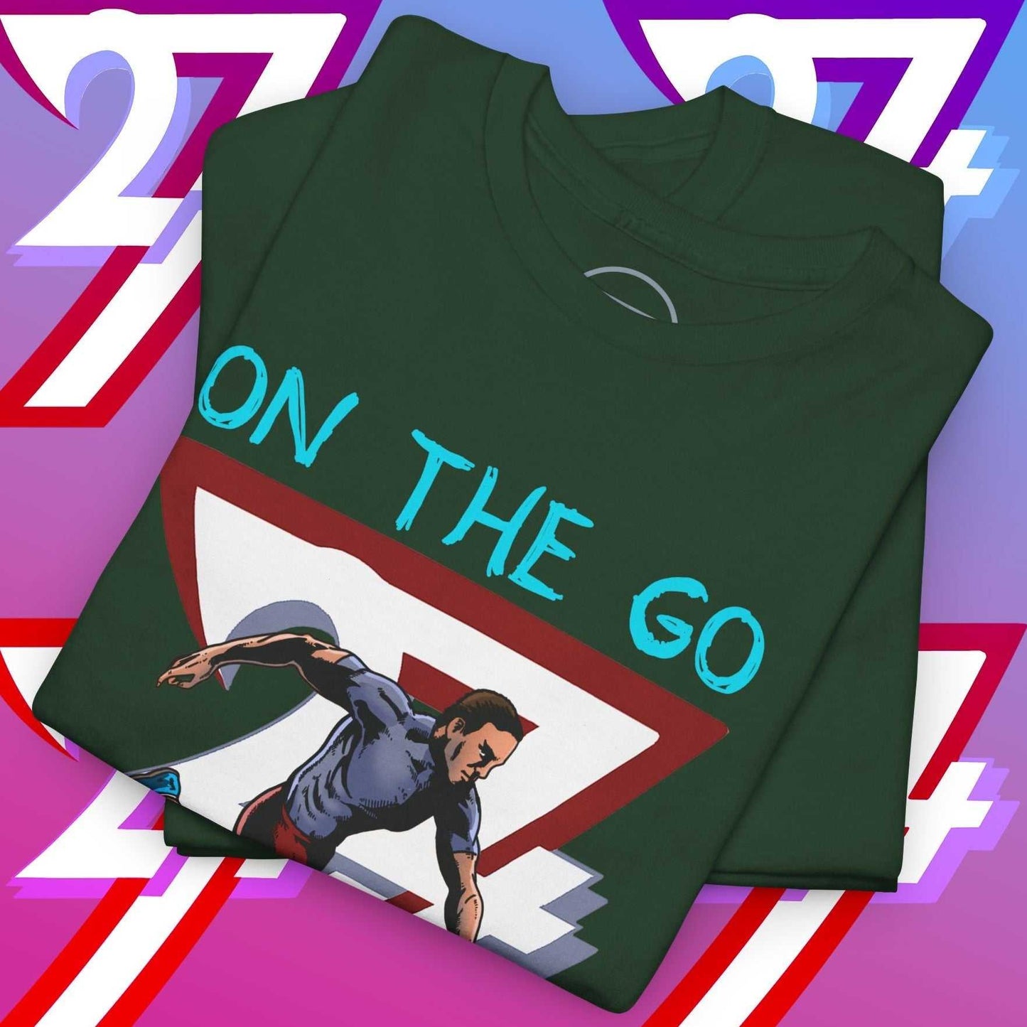 Folded green running T-shirt with hand-drawn graphic of a runner and "ON THE GO" text on a colorful background
