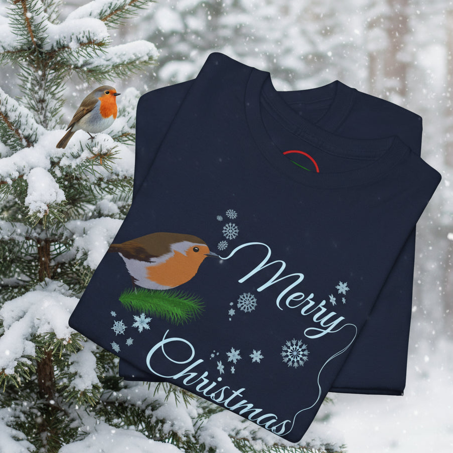 Folded navy Christmas tee with festive robin design and "Merry Christmas" text