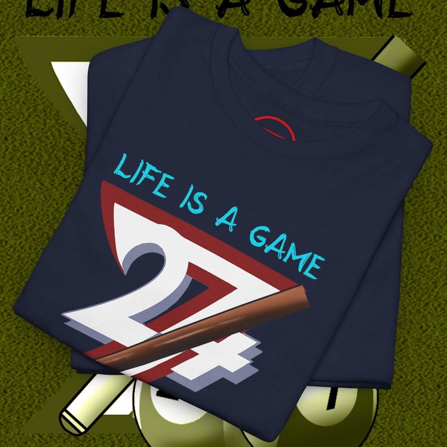 Folded navy billiards tee with "Life is a Game" print featuring pool cues and balls illustration