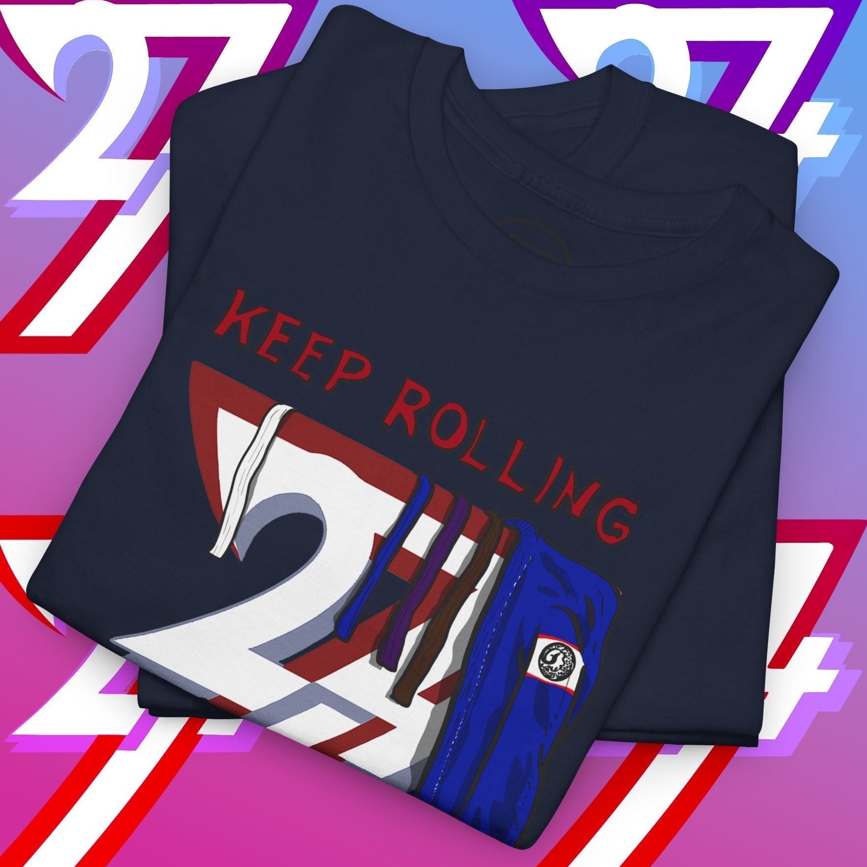 Folded navy blue Brazilian jiu-jitsu t-shirt with "KEEP ROLLING" text and gi belt graphic on front