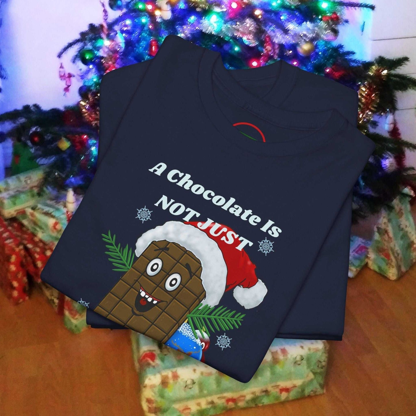 Chocolate Bar with Santa Hat Christmas tee with festive design and humorous text, perfect holiday shirt