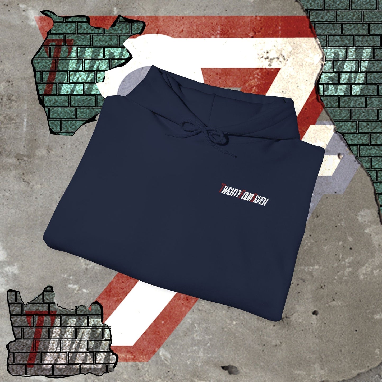 Folded navy blue printed hoodie with twentyfourseven logo on chest over geometric background