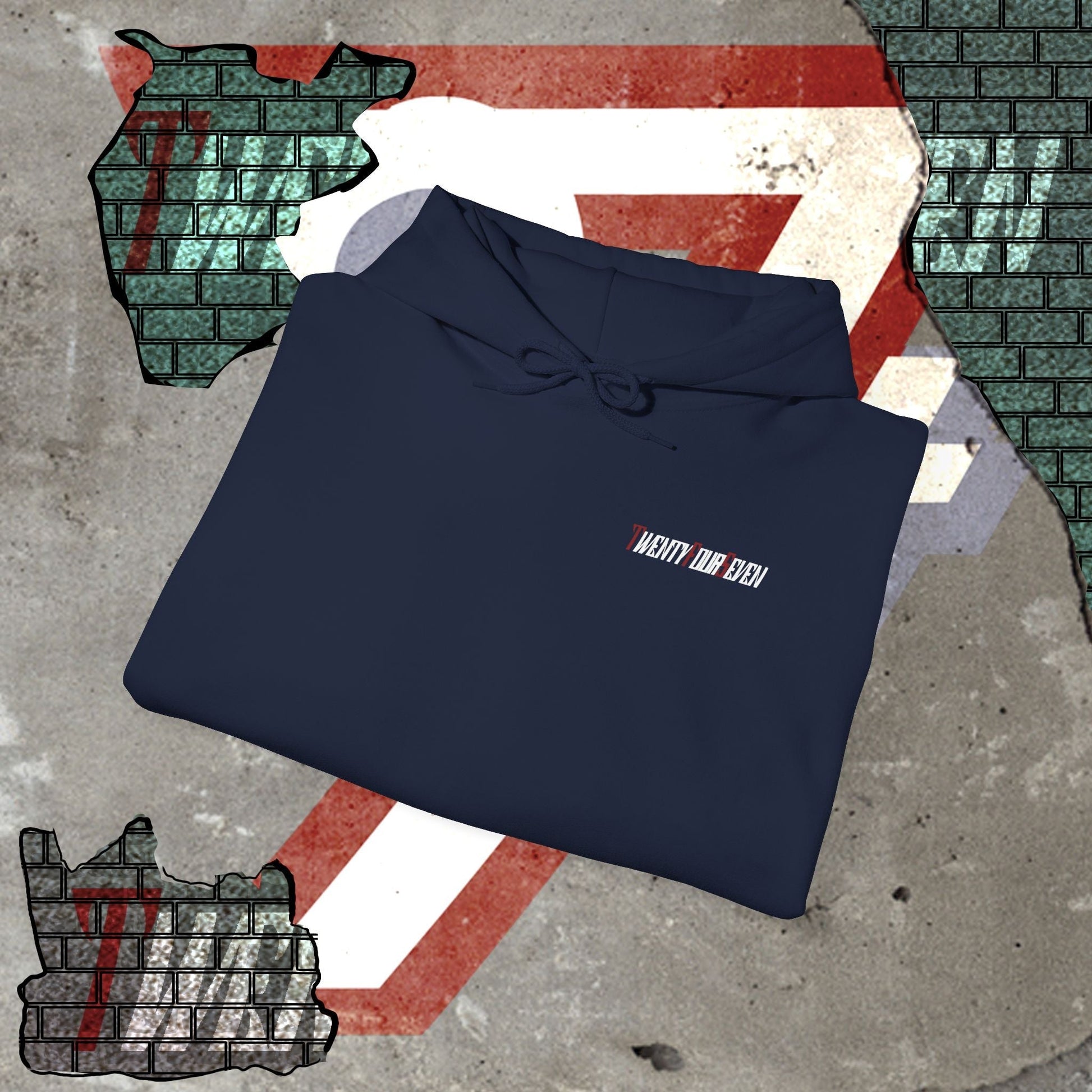 Folded navy blue printed hoodie with twentyfourseven logo on chest over geometric background