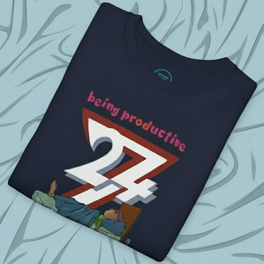 Folded navy funny tee for teenagers with vibrant lazy design and "being productive 24/7" text