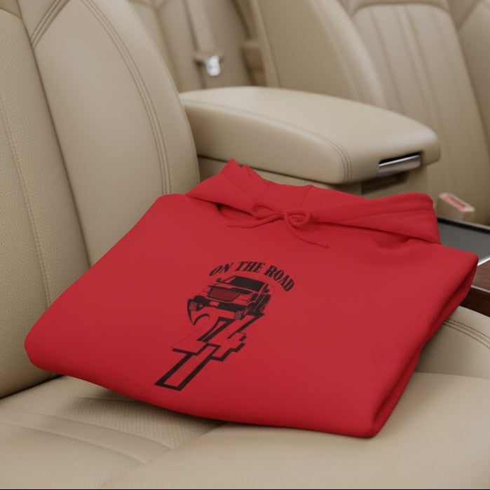 Folded red car hoodie with hand-drawn vehicle design and "On The Road 24" text