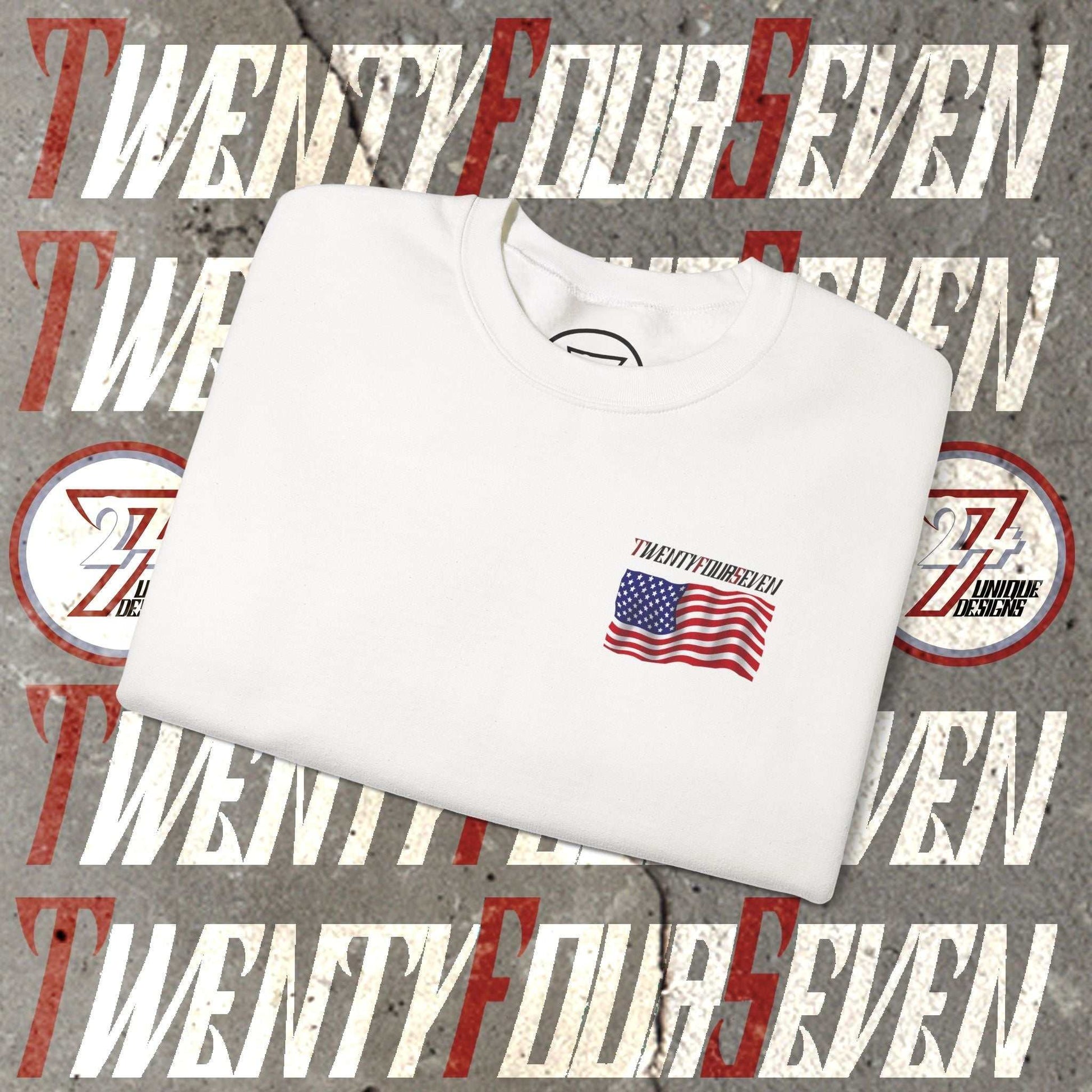 Folded white unisex sweatshirt featuring a hand-drawn American flag patriotic logo design