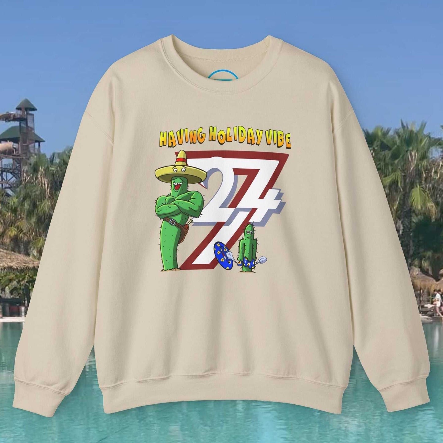 Funny Cactus Crewneck Sweatshirt with cartoon cactus and holiday vibe design on beige background