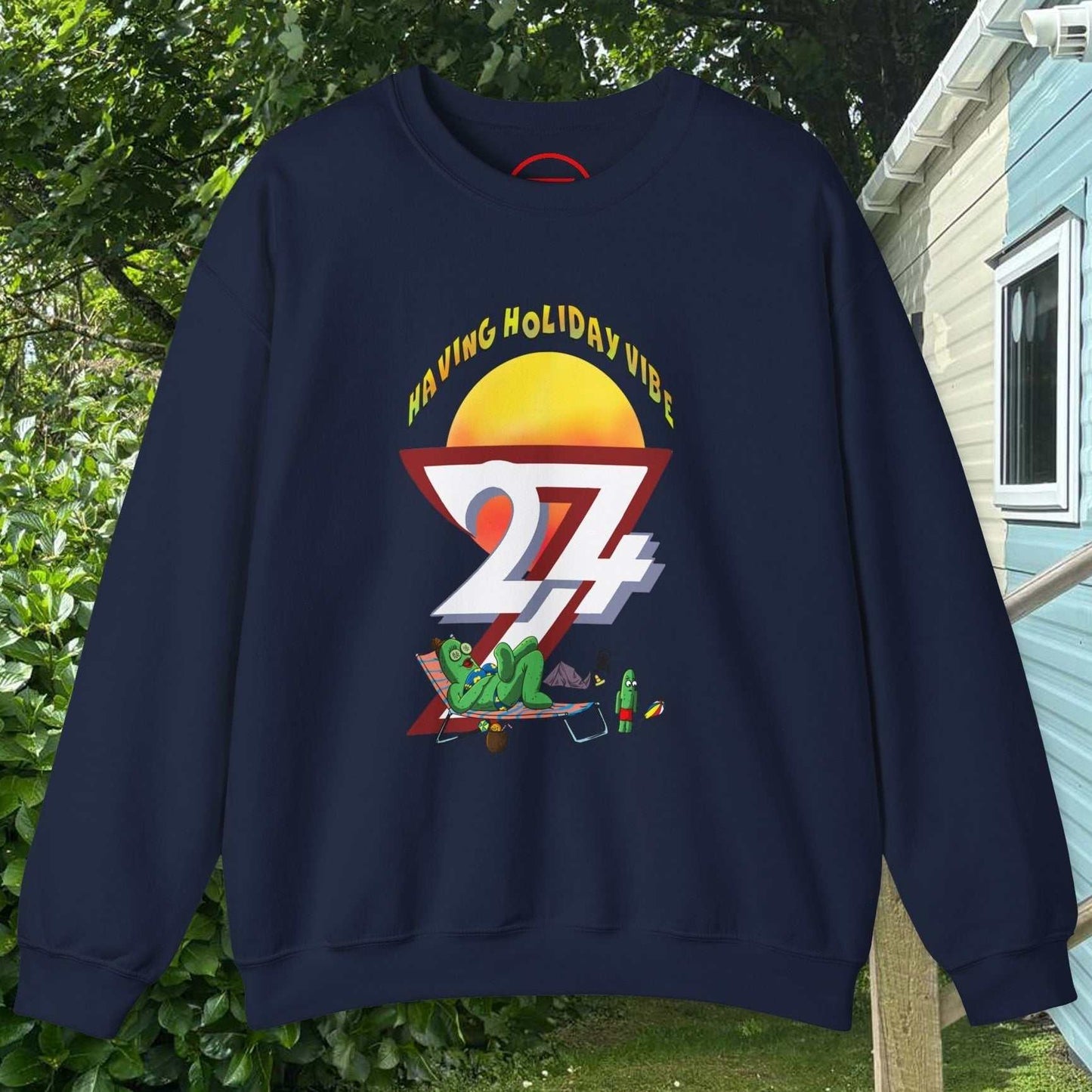 Funny Camping Cactus navy sweatshirt with cartoon cactus character and summer holiday design outdoors