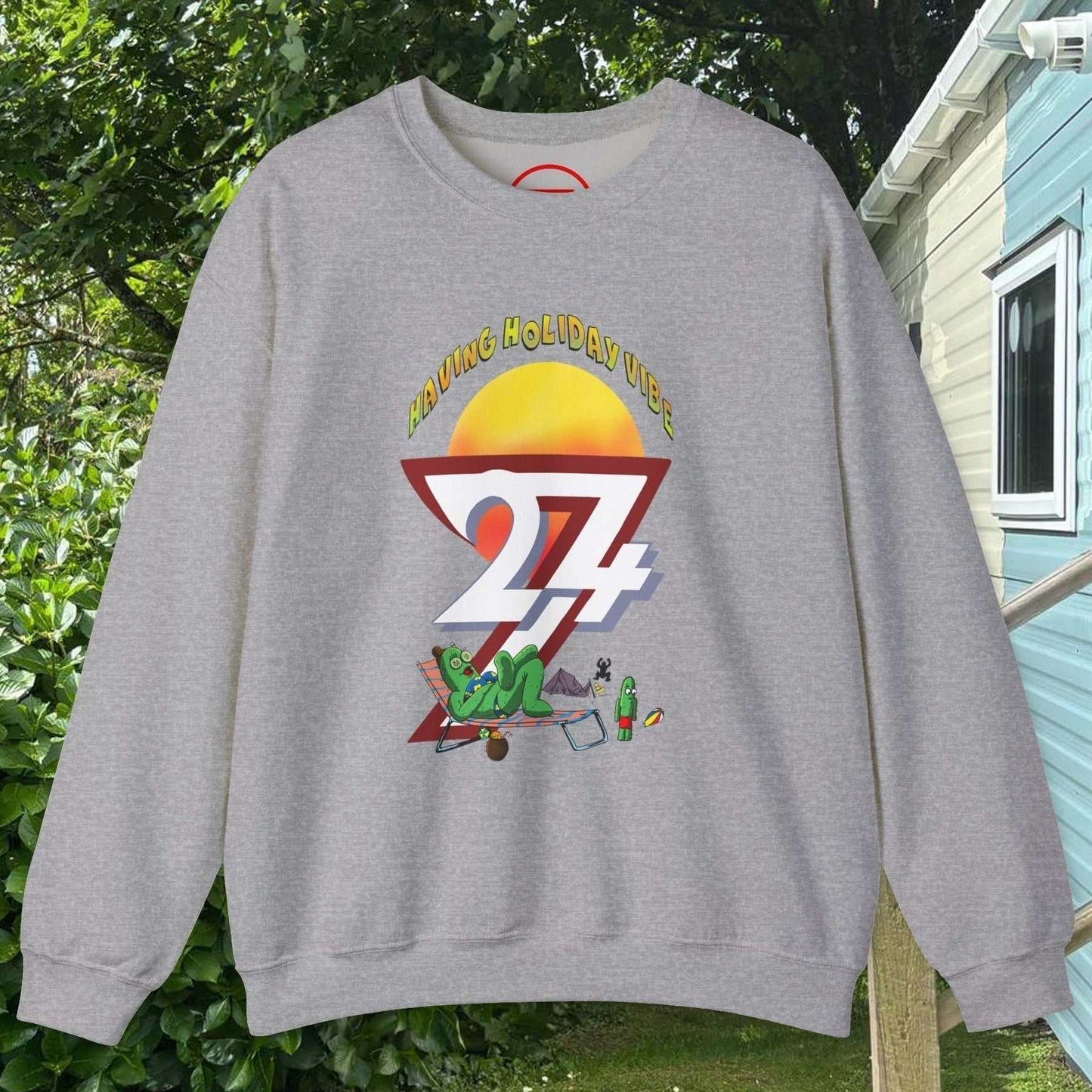 Funny Camping Cactus sweatshirt with Leonando cartoon design, grey unisex summer apparel with holiday vibe outdoors theme