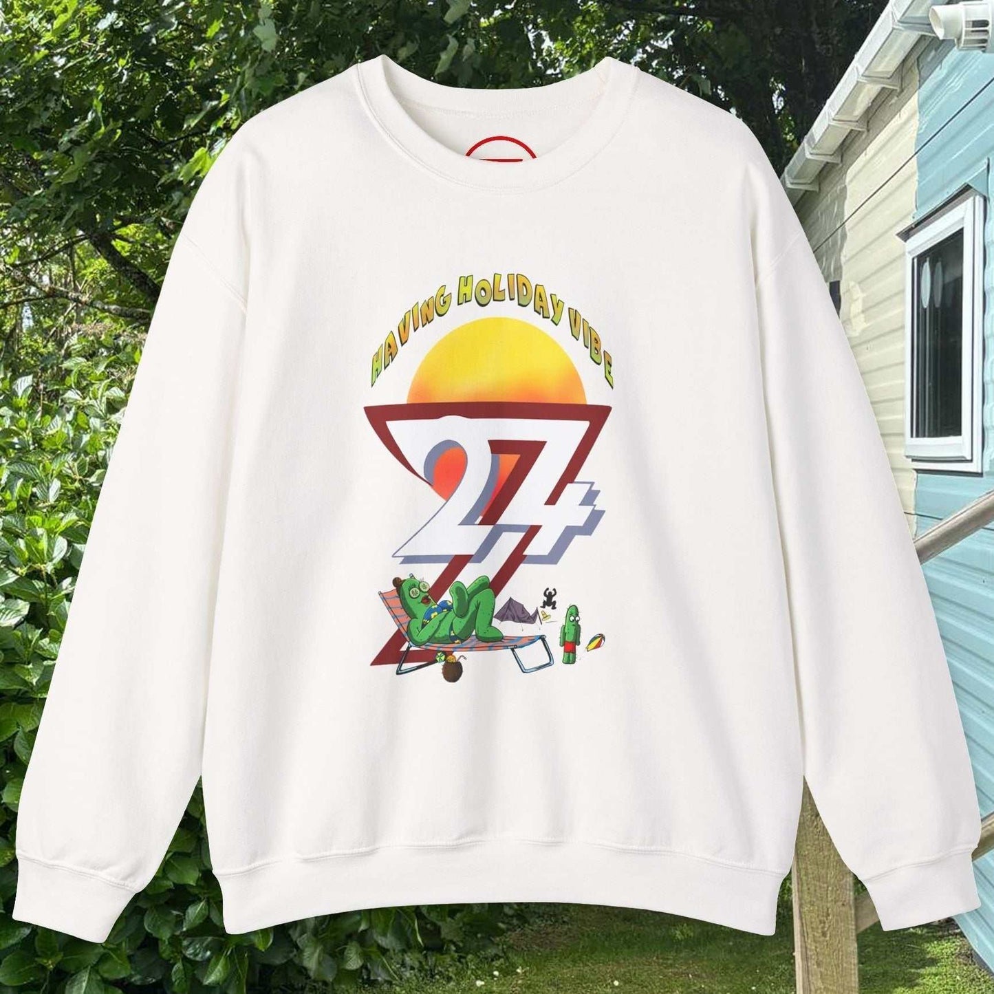 Funny Camping Cactus sweatshirt with cartoon cactus and summer holiday vibe design on white fabric