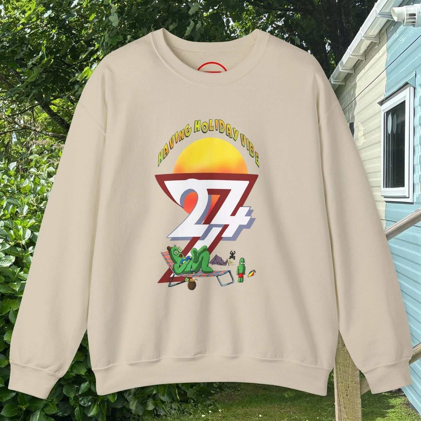Funny Camping Cactus sweatshirt with cartoon cactus design and summer holiday vibe on beige fabric hanging outdoors