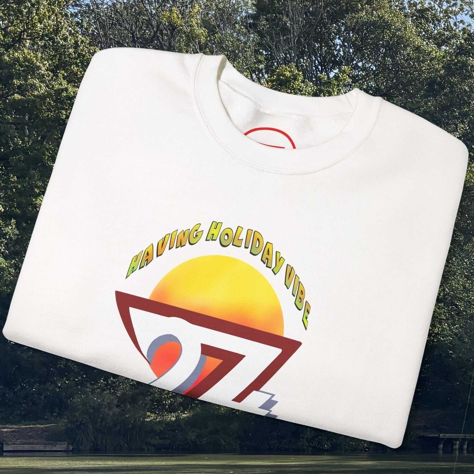 Funny Camping Cactus sweatshirt with holiday vibe and cartoon design on white fabric, outdoors background