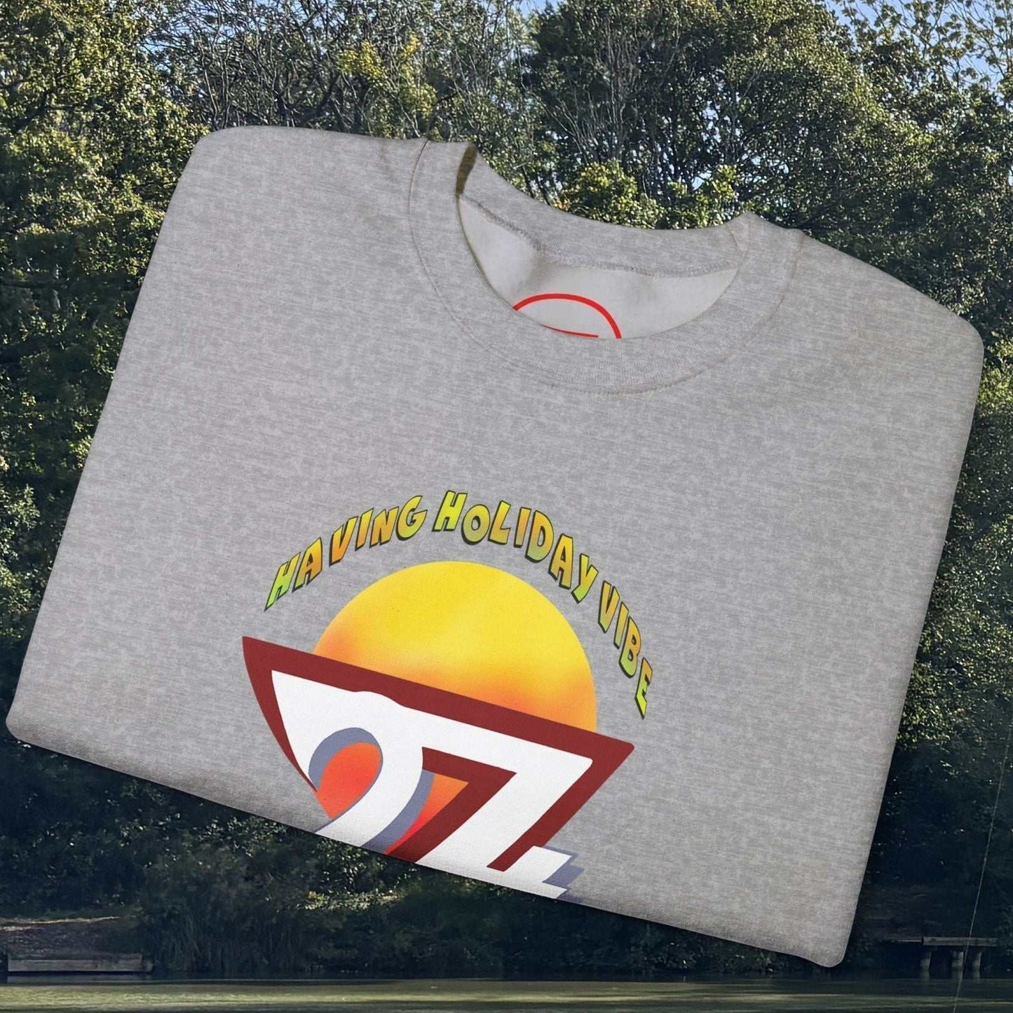 Funny Camping Cactus sweatshirt with holiday vibes printed design on gray fabric