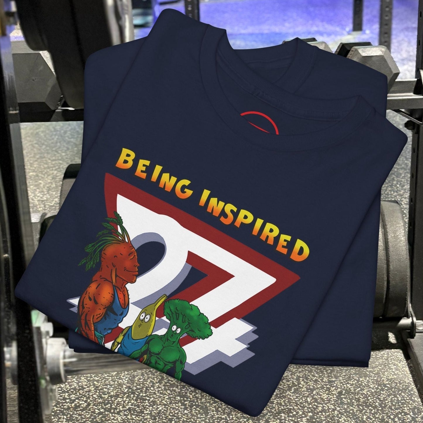 Funny Carrot Gym Tee with cartoon carrot, banana, and broccoli gym scene on navy cotton shirt