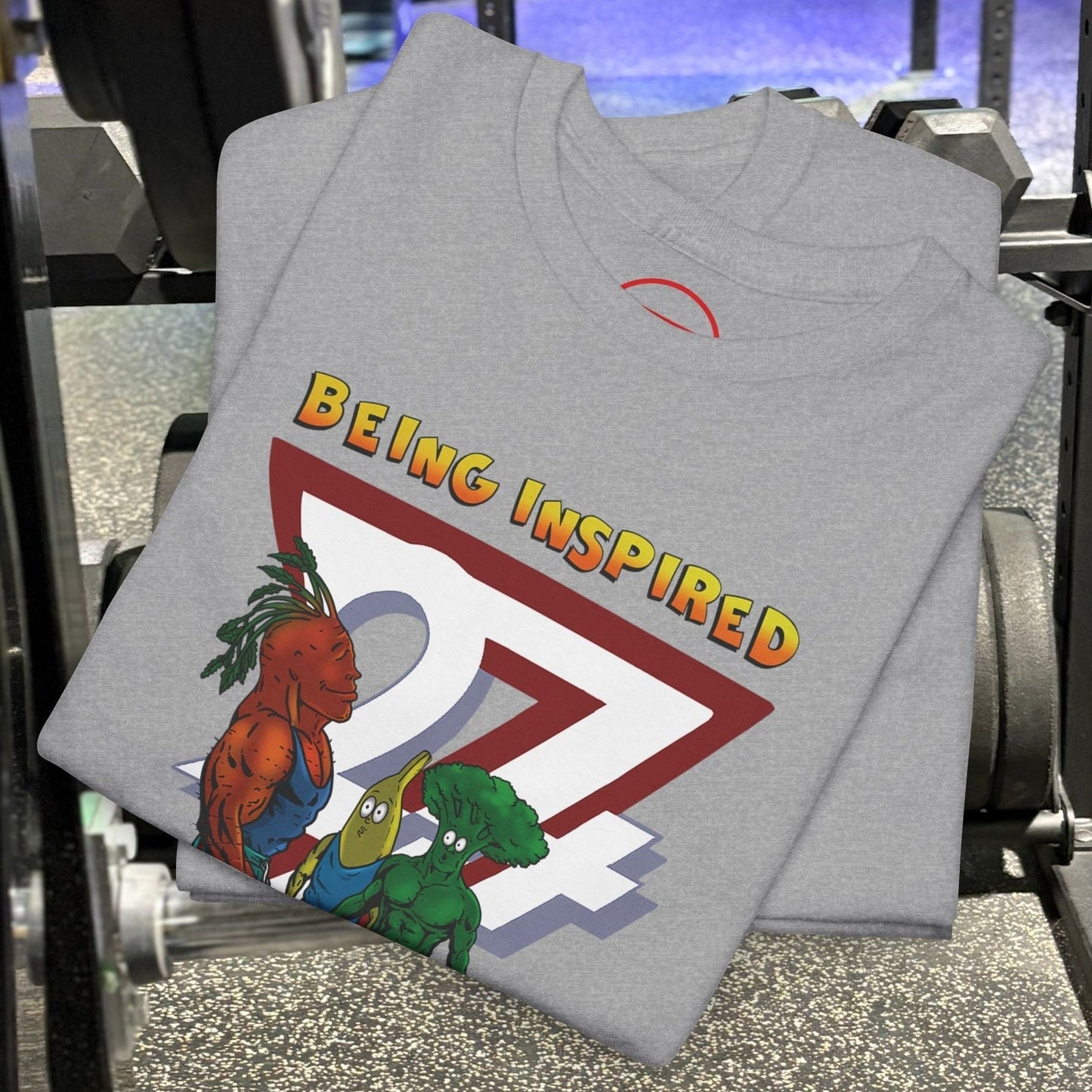 Funny Carrot Gym Tee with cartoon carrot, banana, and broccoli lifting weights illustration on gray cotton fabric