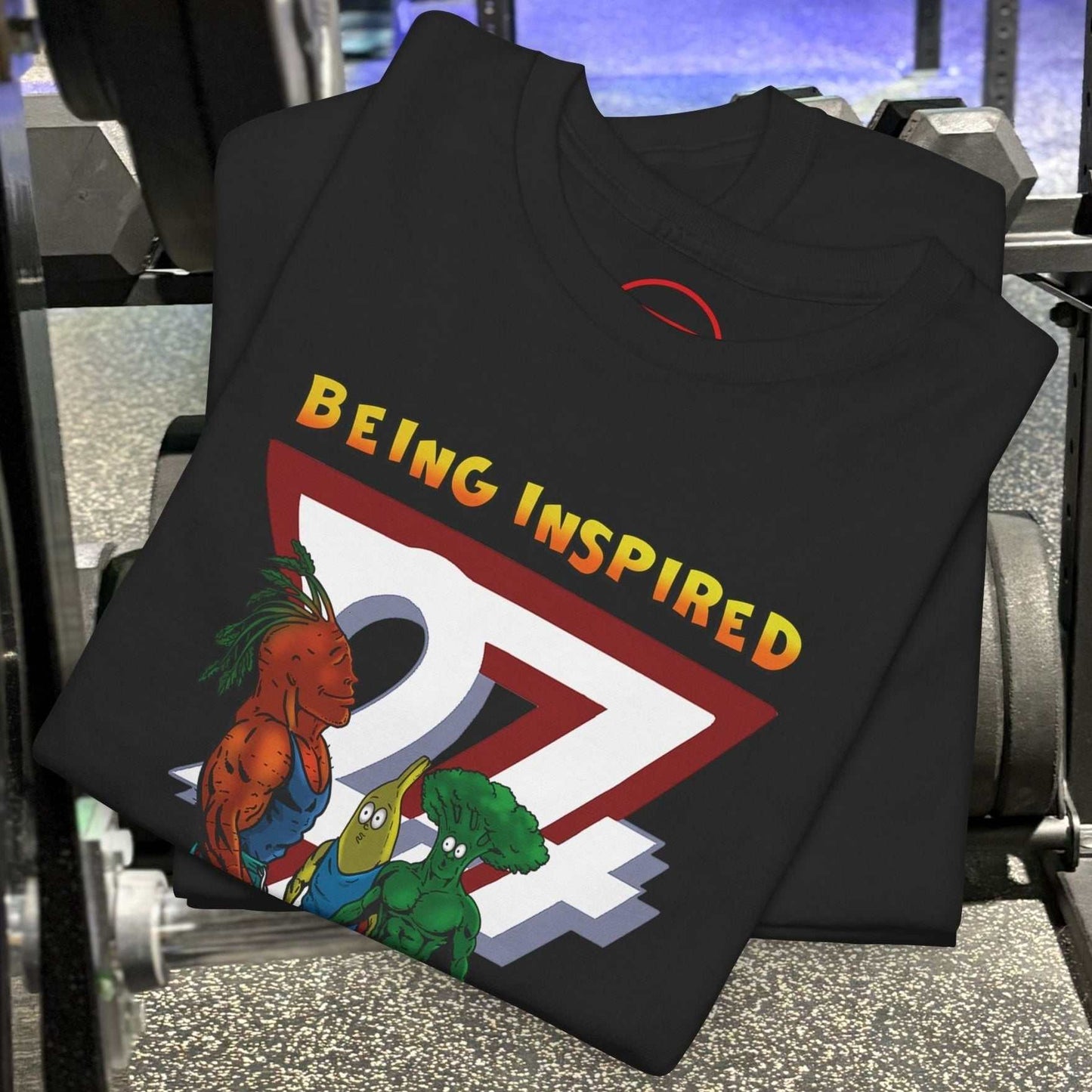 Funny Carrot Gym Tee with cartoon carrot lifting weights, banana cheering, and flexing broccoli on breathable black cotton fabric