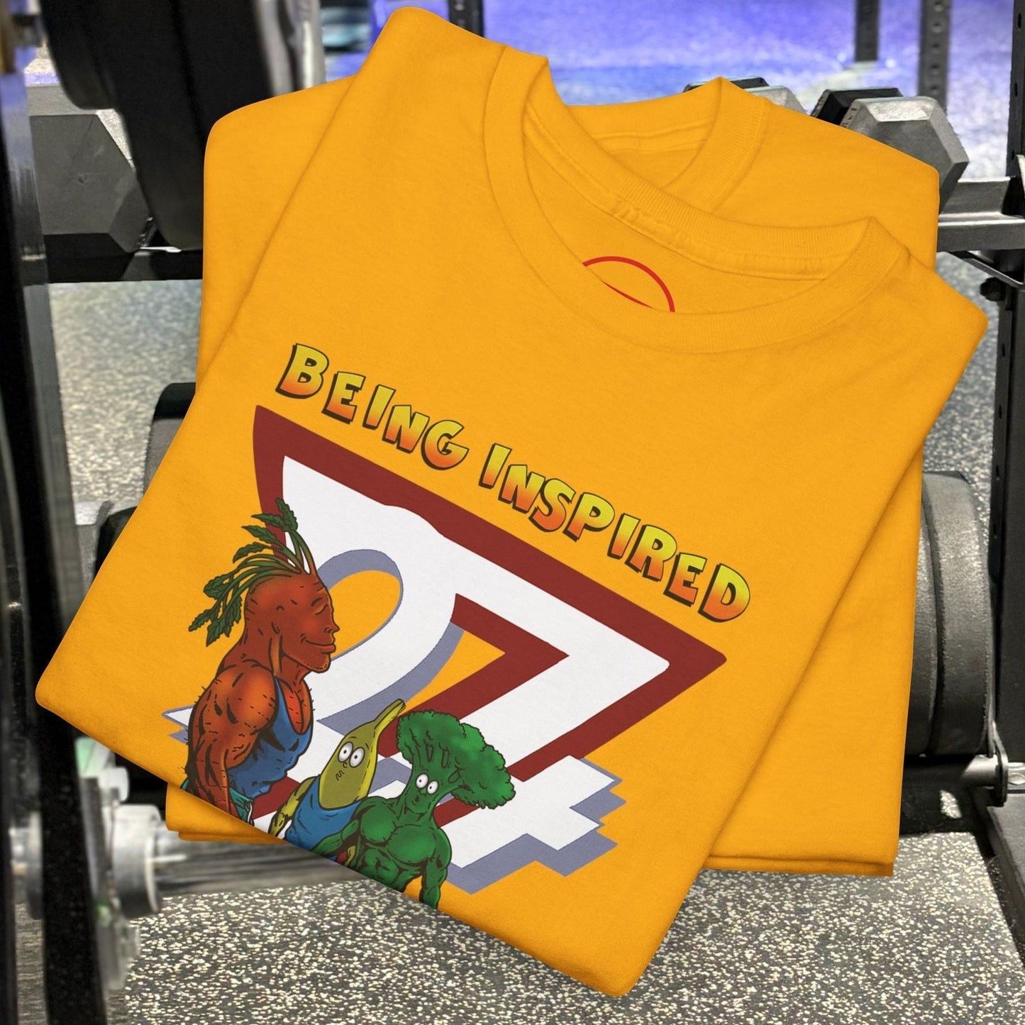 Funny Carrot Gym Tee with cartoon vegetables lifting weights on yellow cotton shirt